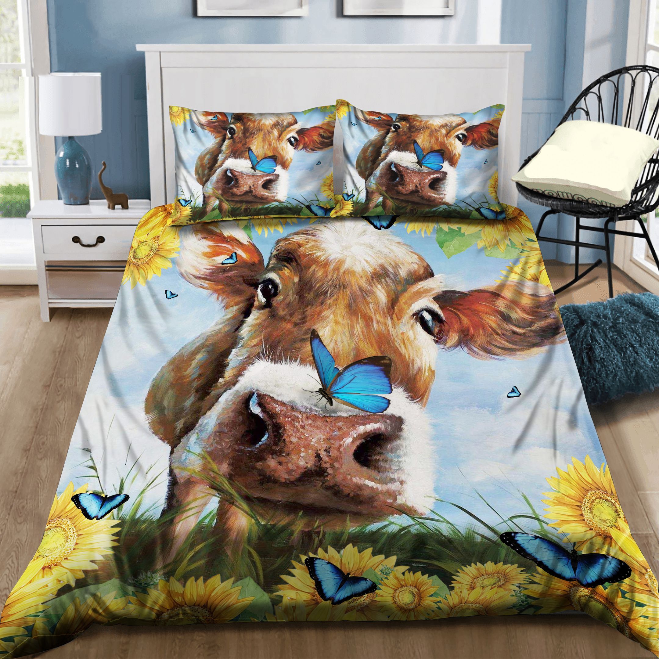 Cow Butterfly Sunflower Bedding Set