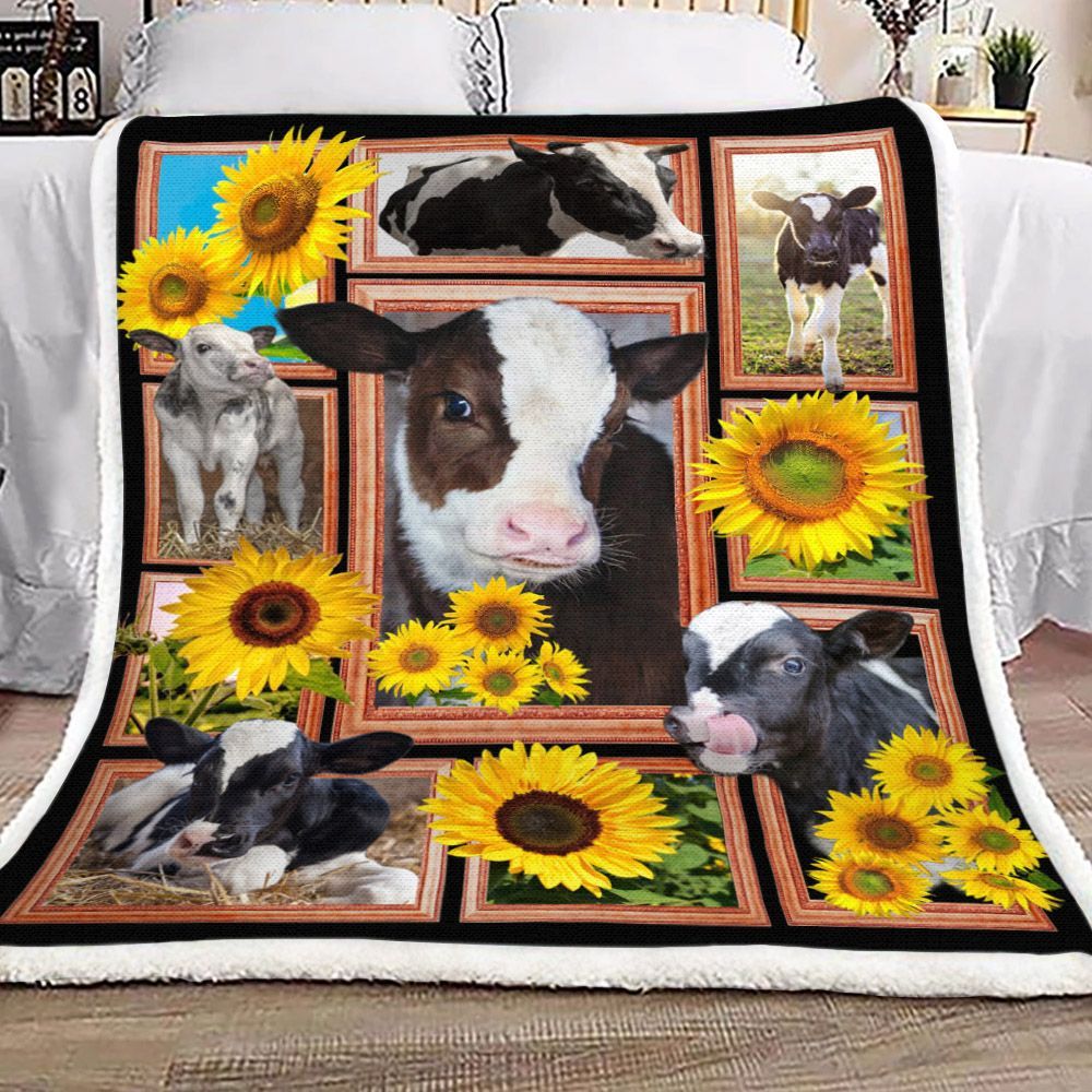 Cow Cute Cows Sunflowers Sherpa Fleece Blanket