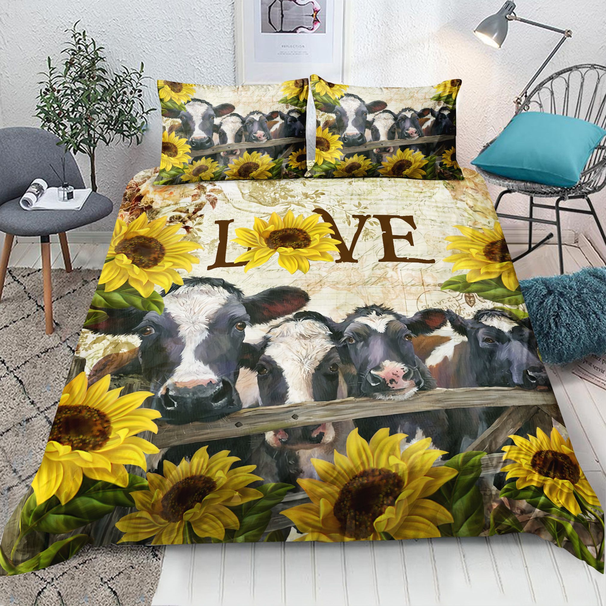 Cow Love Sunflower Bedding Set