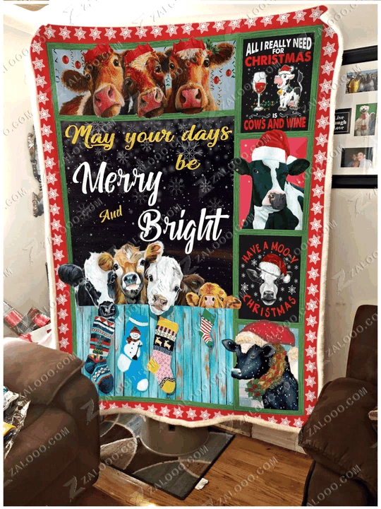 Cow May Your Days Be Merry And Bright Sherpa Fleece Blanket