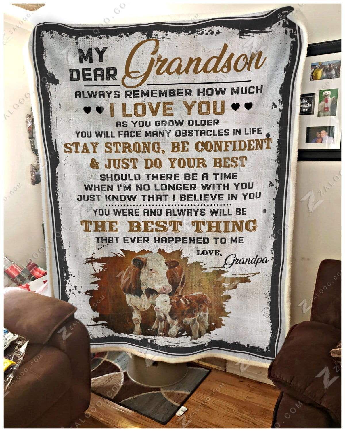 Cow My Dear Grandson Love Grandpa Sherpa Fleece Blanket