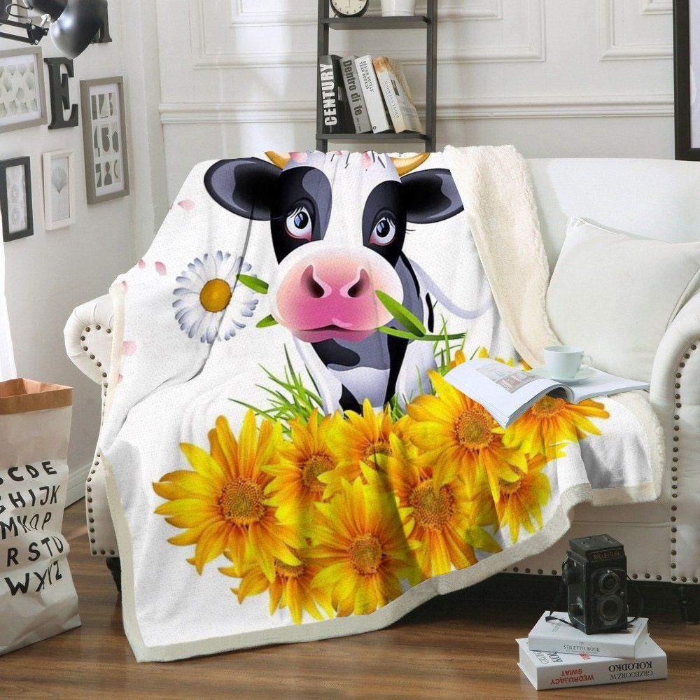 Cow Sunflower Sherpa Fleece Blanket
