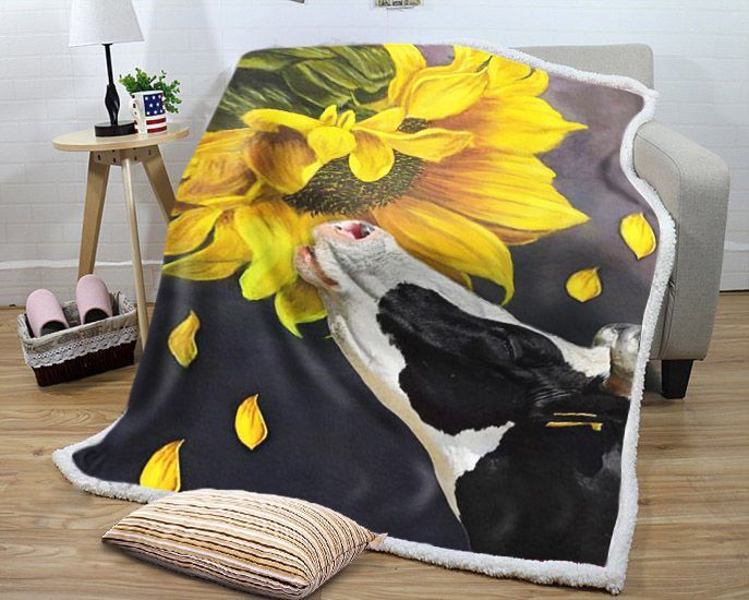 Cow Sunflower Sherpa Fleece Blanket