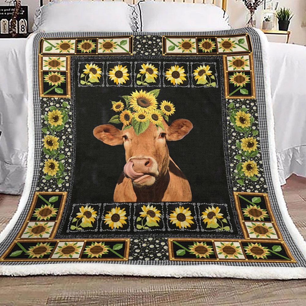 Cow Sunflower Sherpa Fleece Blanket