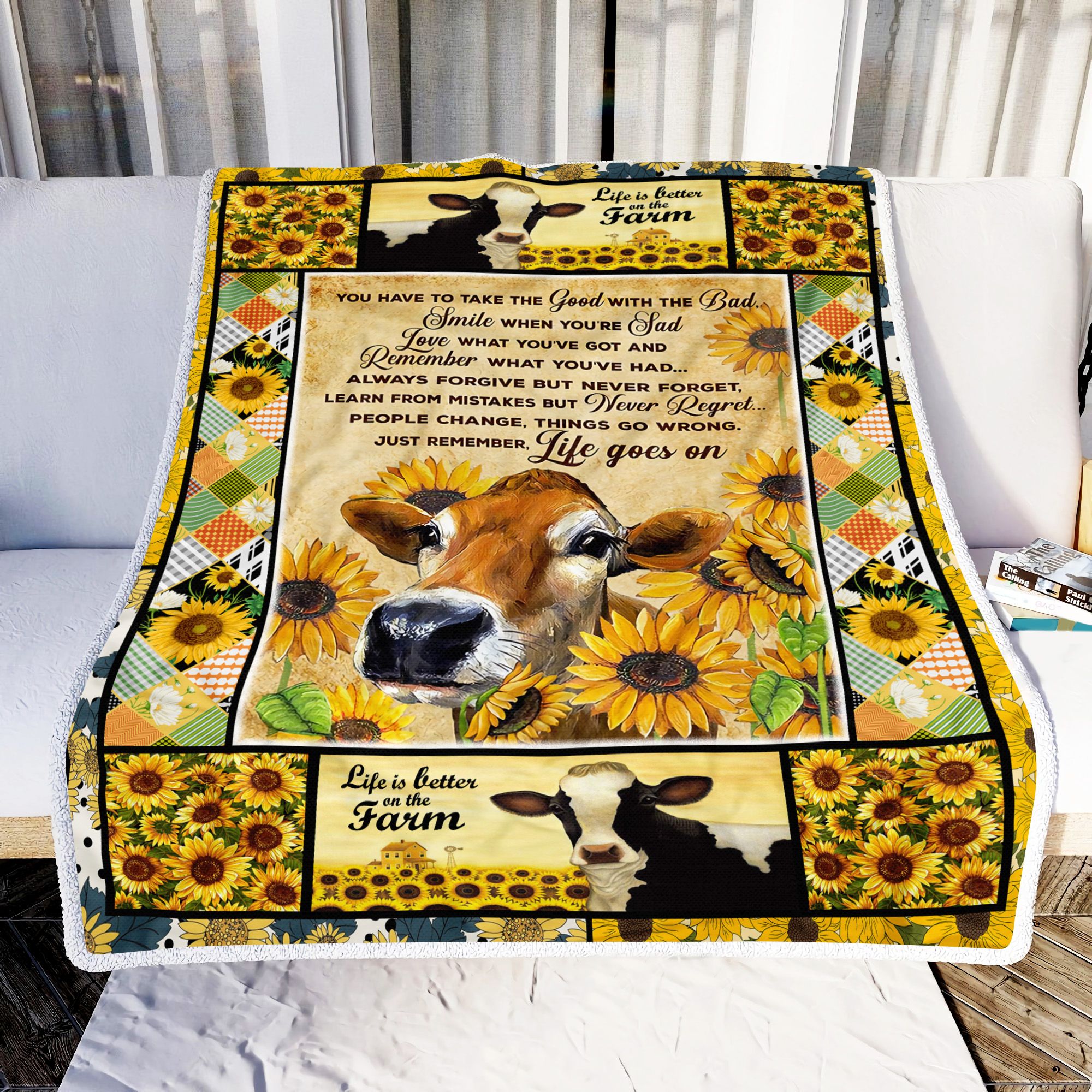 Cow Sunflower Life Goes On Fleece Blanket