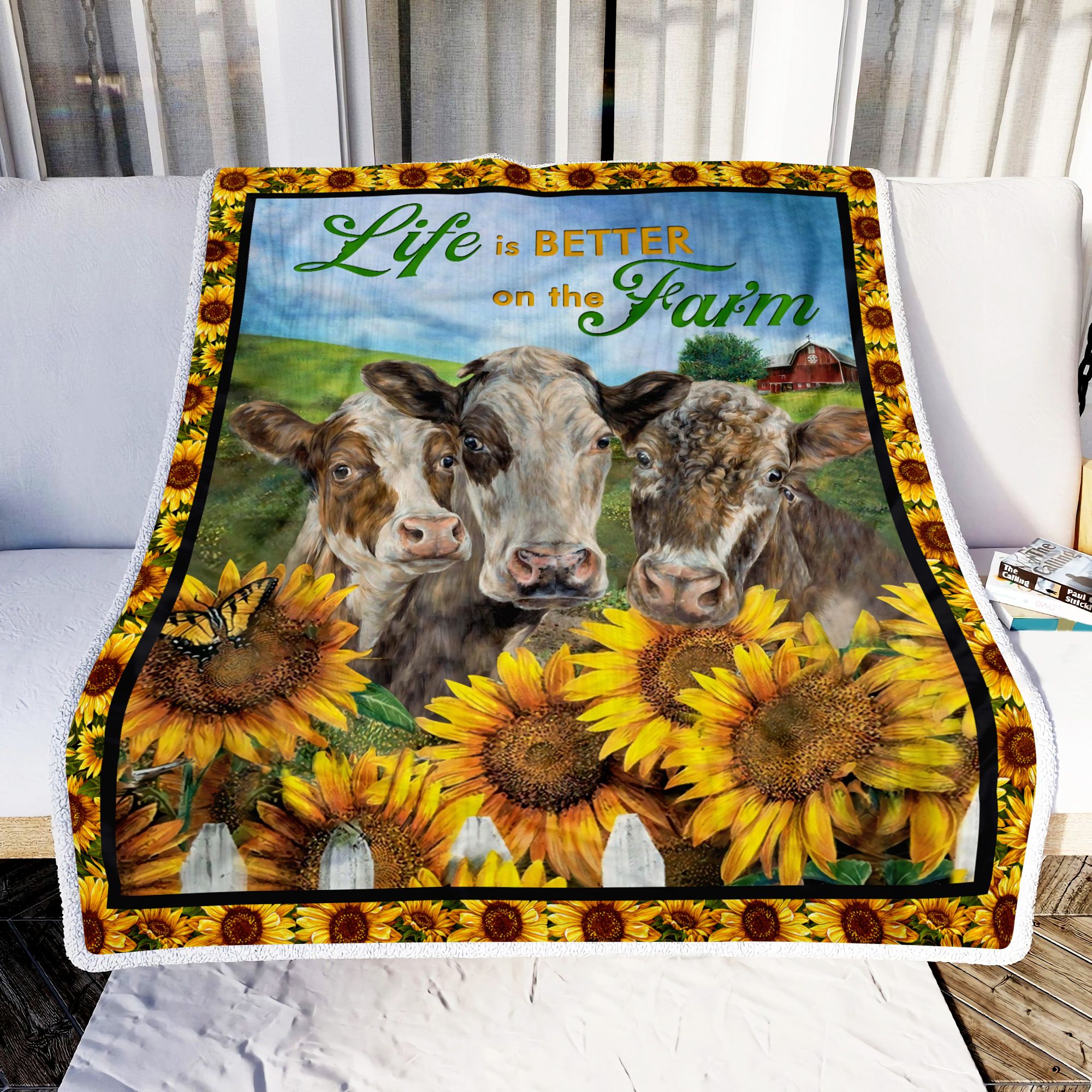 Cow Sunflower Life Is Better On The Farm Fleece Blanket