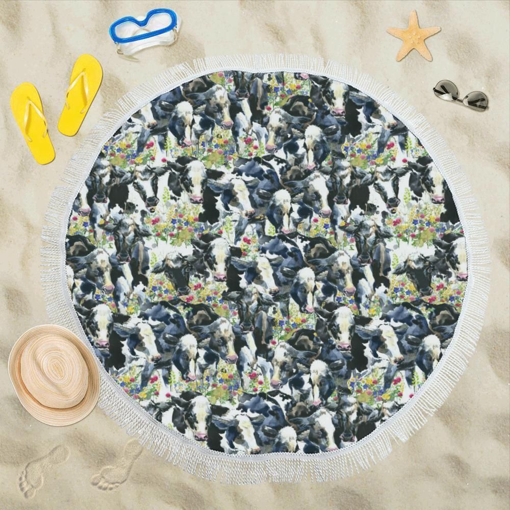 Cow Watercolor Print Pattern Round Beach Towel