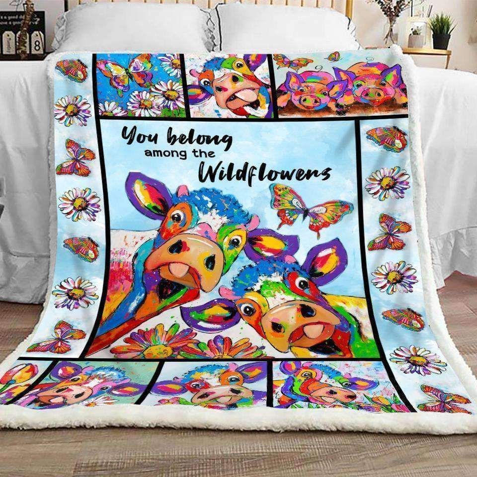 Cow Wild Flowers Butterfly Sherpa Fleece Blanket