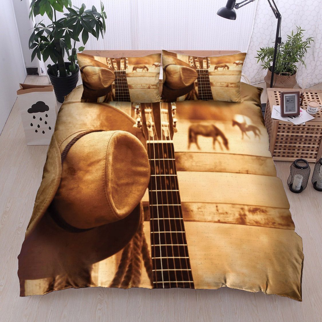 Cowboy Hat And Guitar Bedding Set