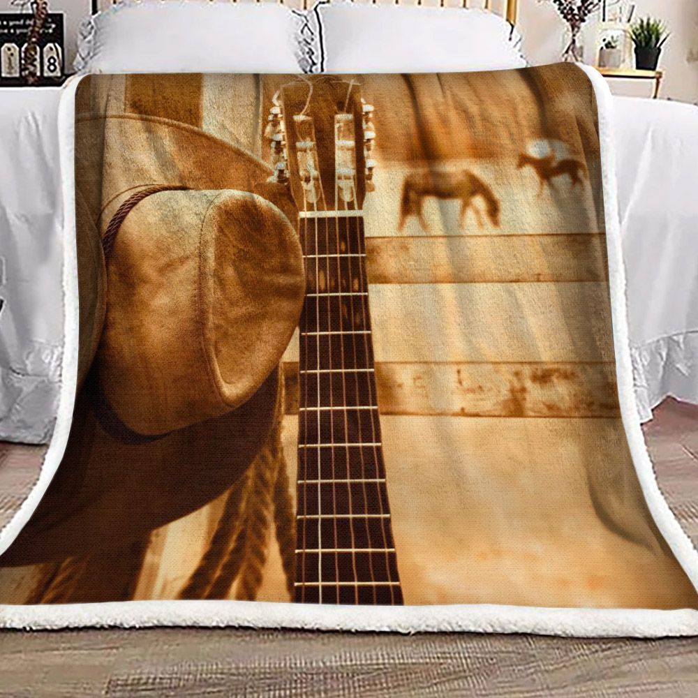 Cowboy Hat And Guitar Sherpa Fleece Blanket