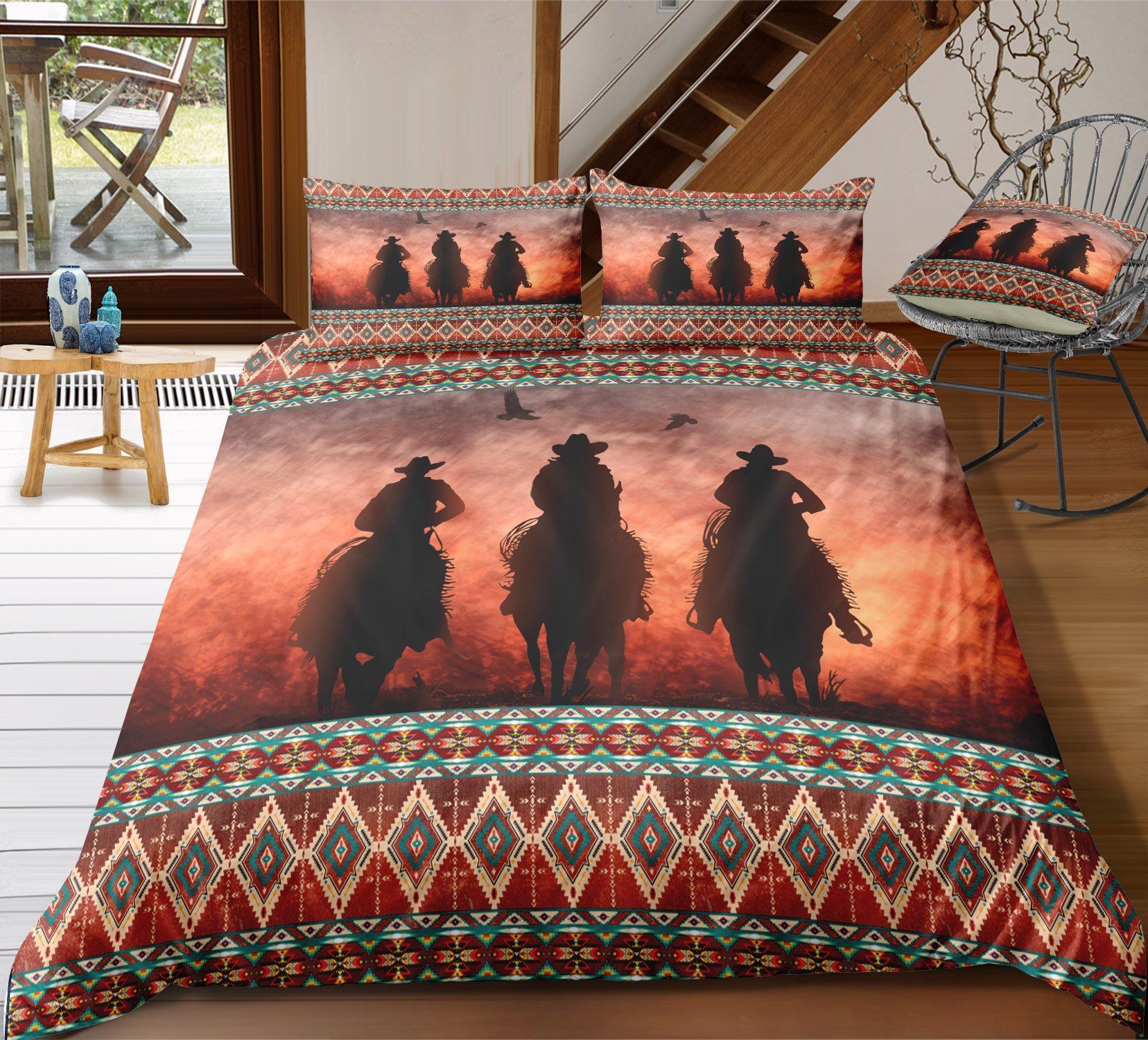 Cowboy Men And Horses Themed Bedding Set