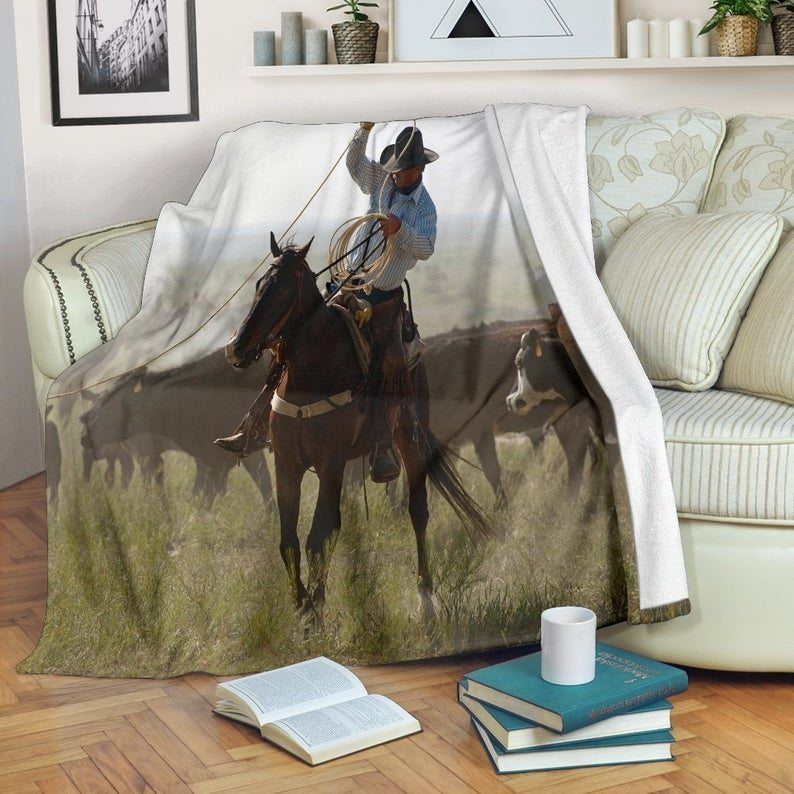 Cowboy Western Horse Roping Cows Sherpa Fleece Blanket