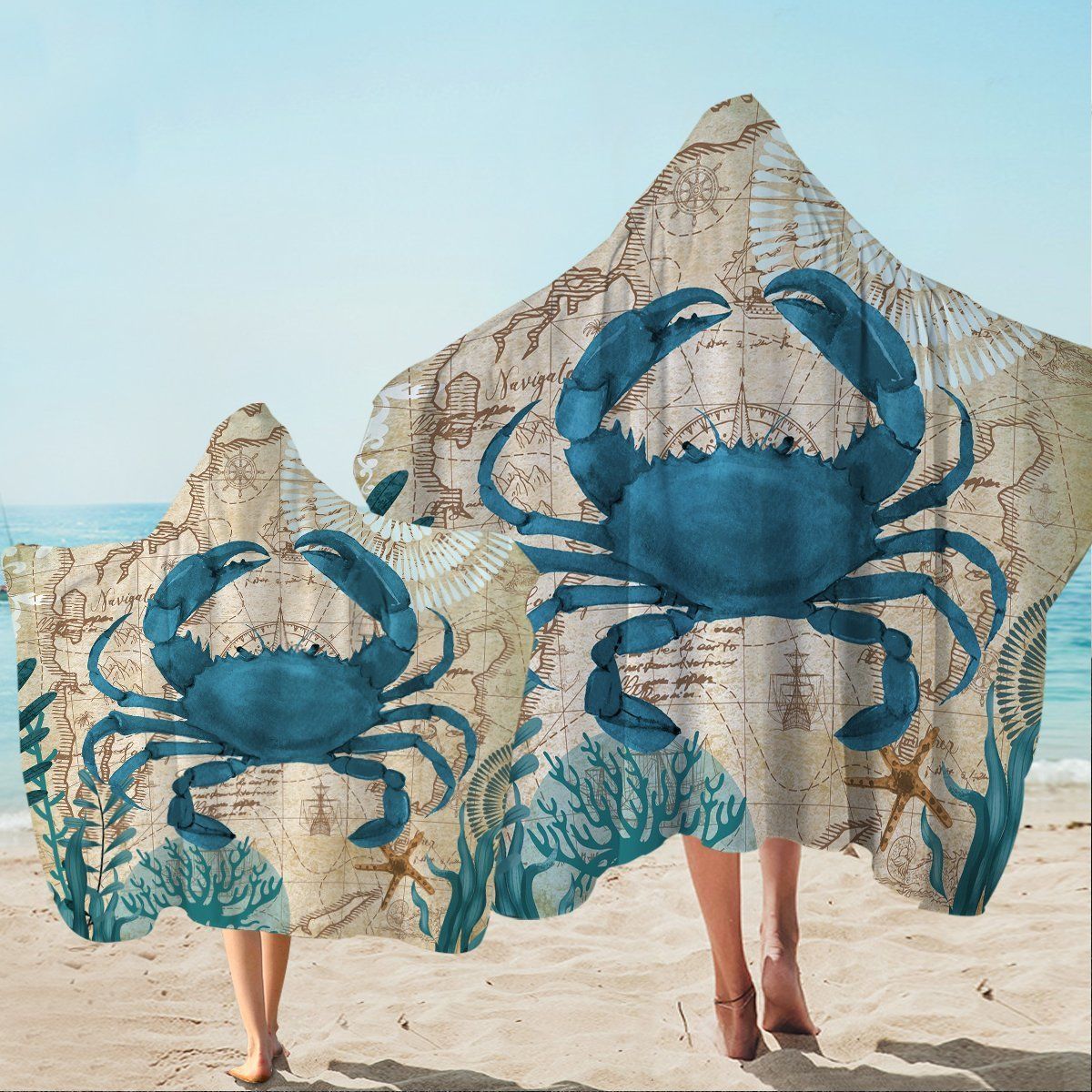 Crab Love Vintage Pattern Hooded Towel