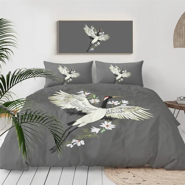 Crane Flying Flowers Grey Background Bedding Set