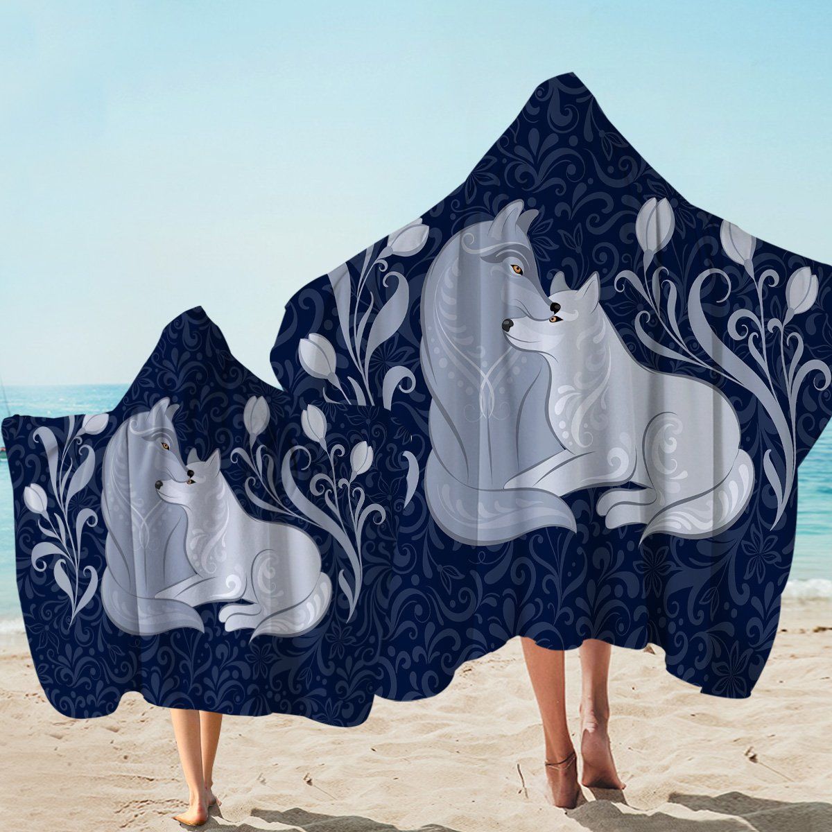 Cuddle Wolves Dark Blue Printed Hooded Towel