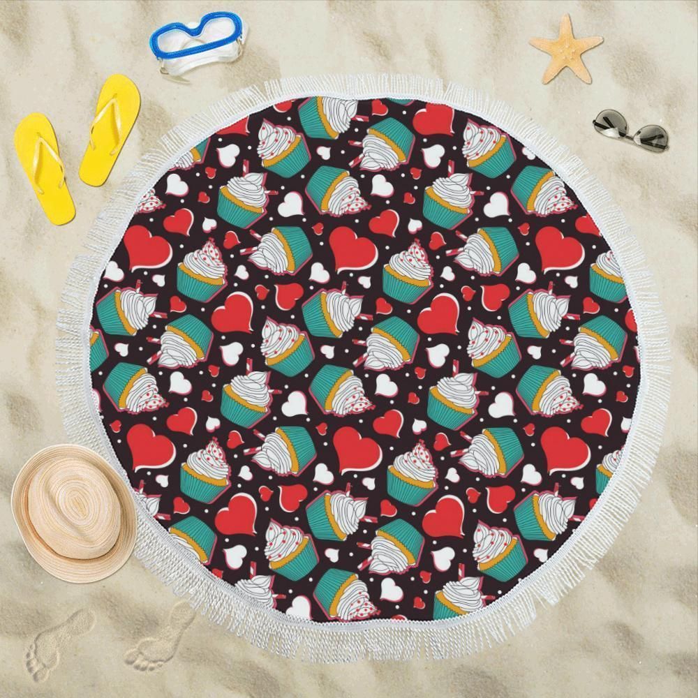Cupcakes Heart Pattern Printed Round Beach Towel