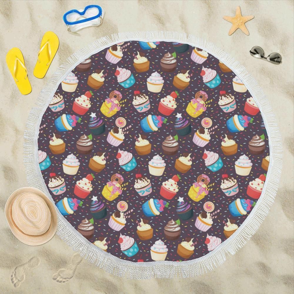 Cupcakes Party Print Pattern Round Beach Towel