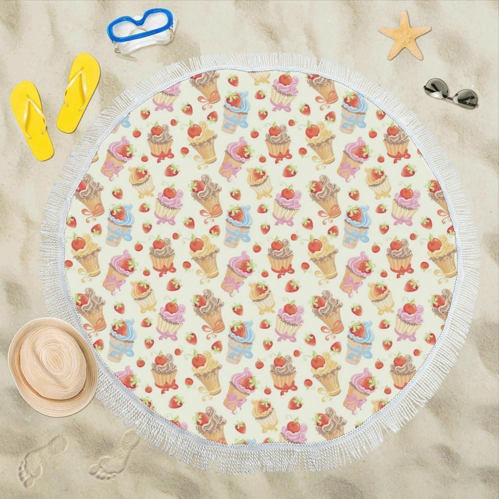 Cupcakes Strawberry Cherry Printed Round Beach Towel