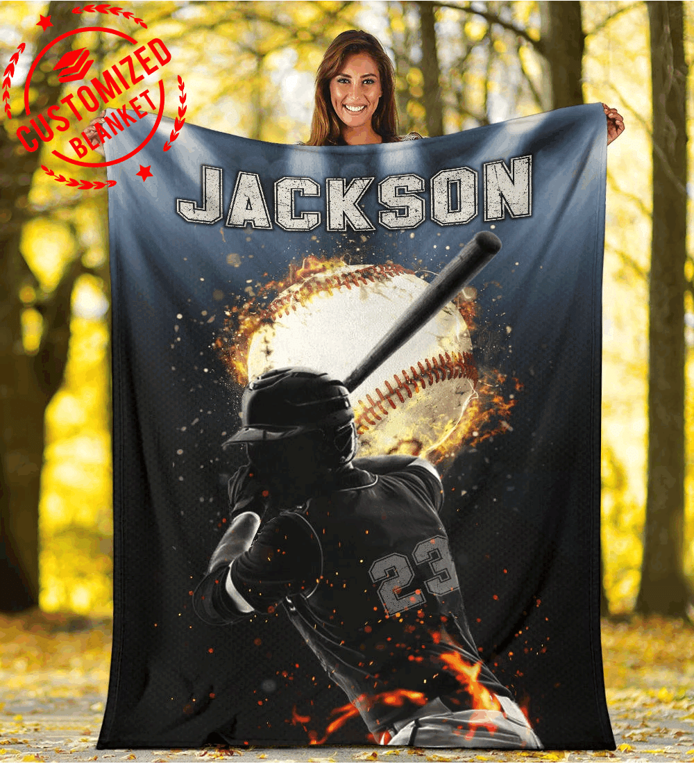 Custom Baseball Player Blanket With Fire Ball