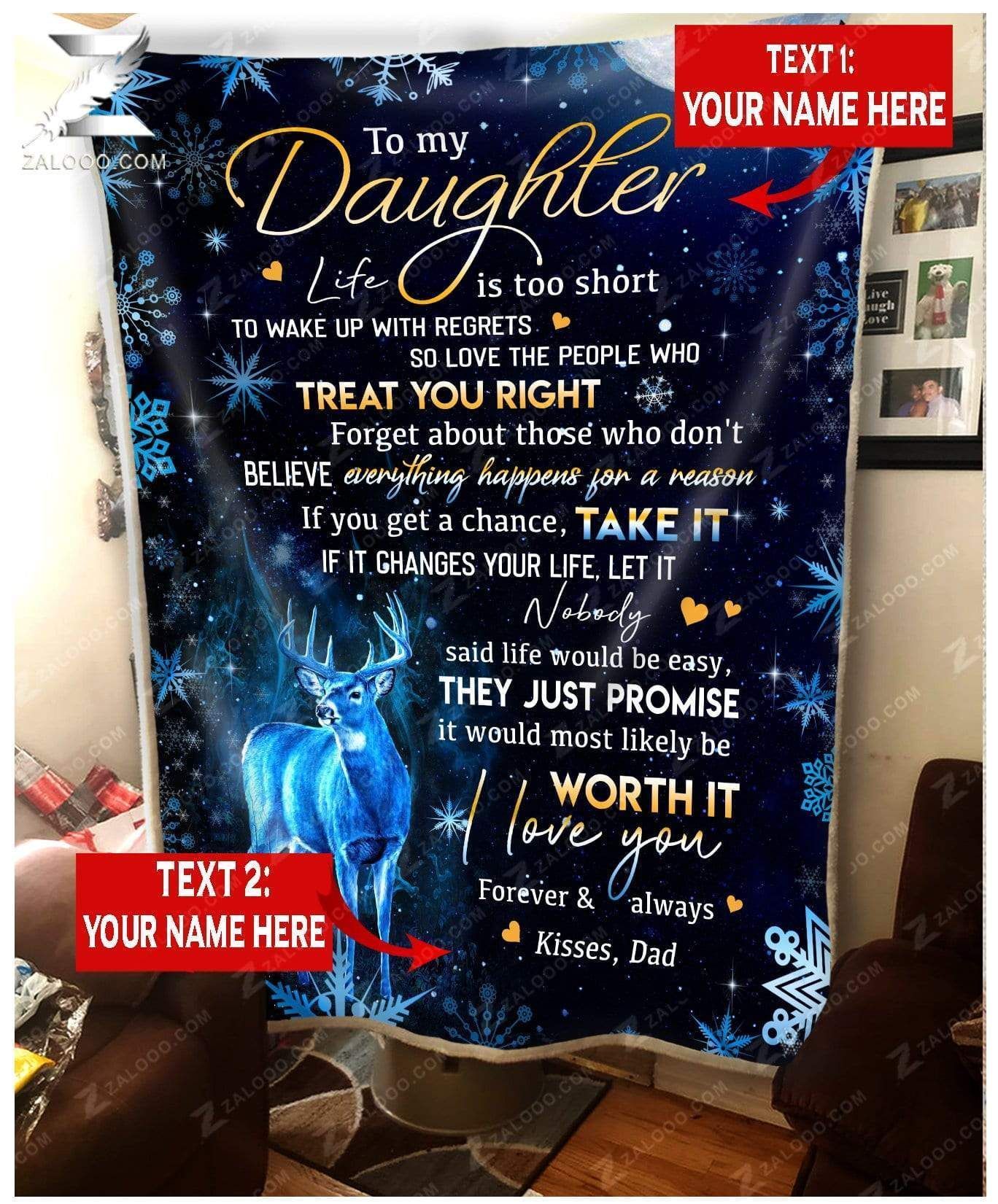 Custom Fleece Blanket – Deer – For Daughter From Dad – Life Is Too Short