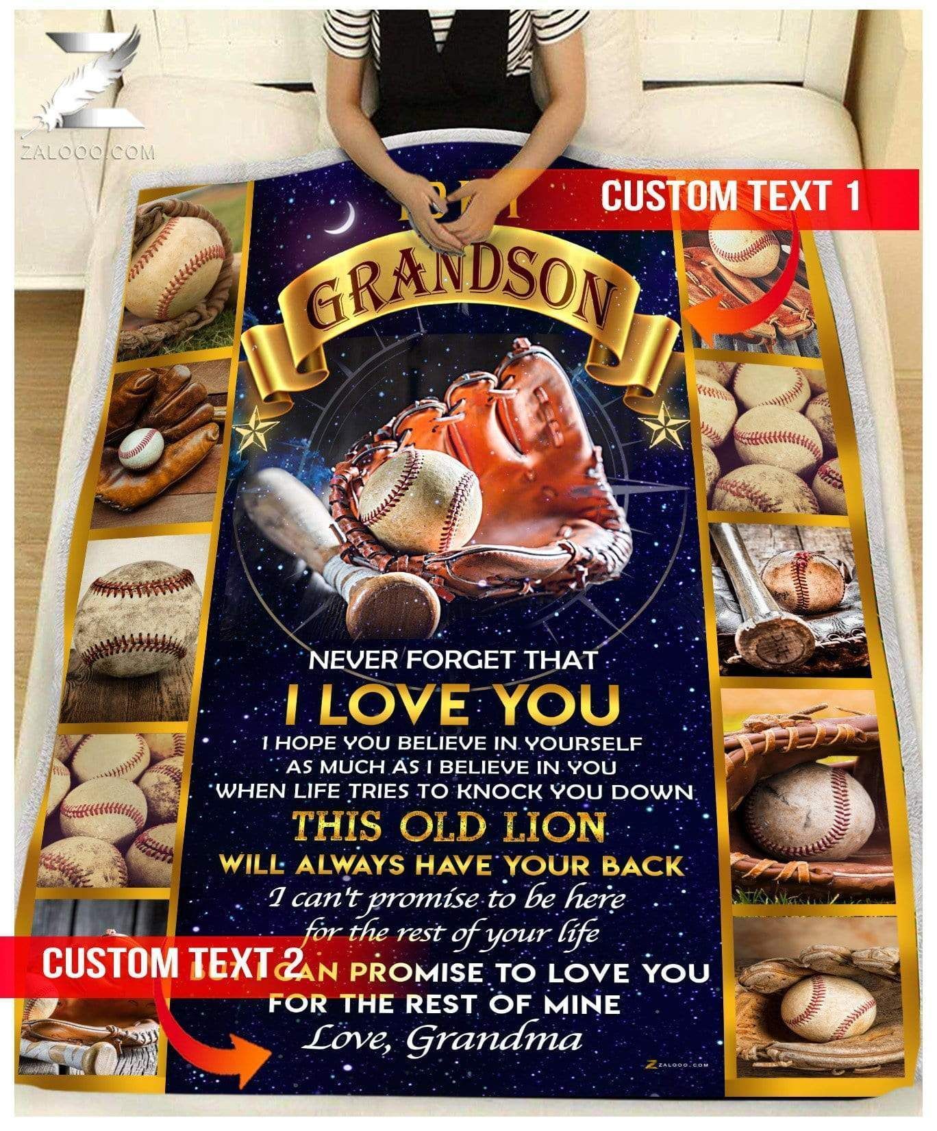 Custom Fleece Blanket – For Grandson From Grandma – Baseball – This Old Lion Will Always Have Your Back