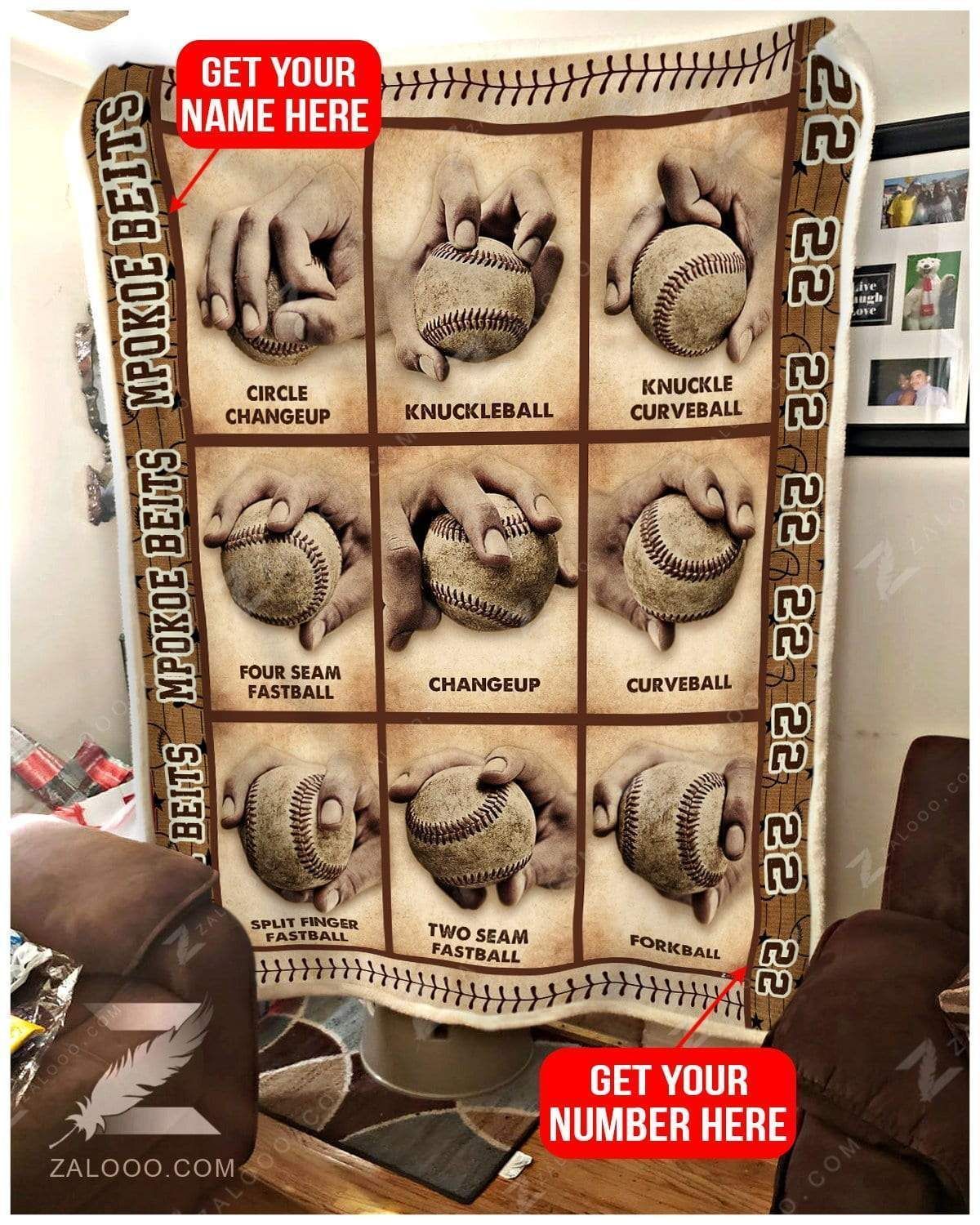 Custom Text Name Number Fleece Blanket Baseball Pitching Grips