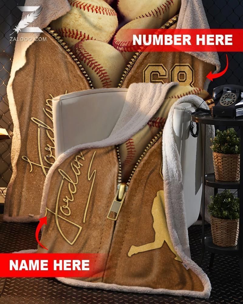 Custom Text Name Number Fleece Blanket Baseball Zipper Baseball