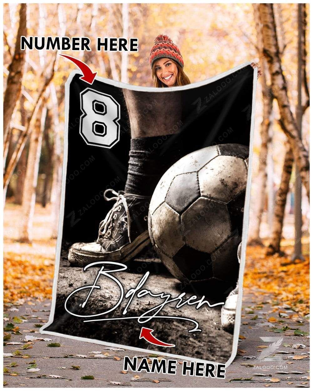 Custom Text Name Number Fleece Blanket Soccer Black White