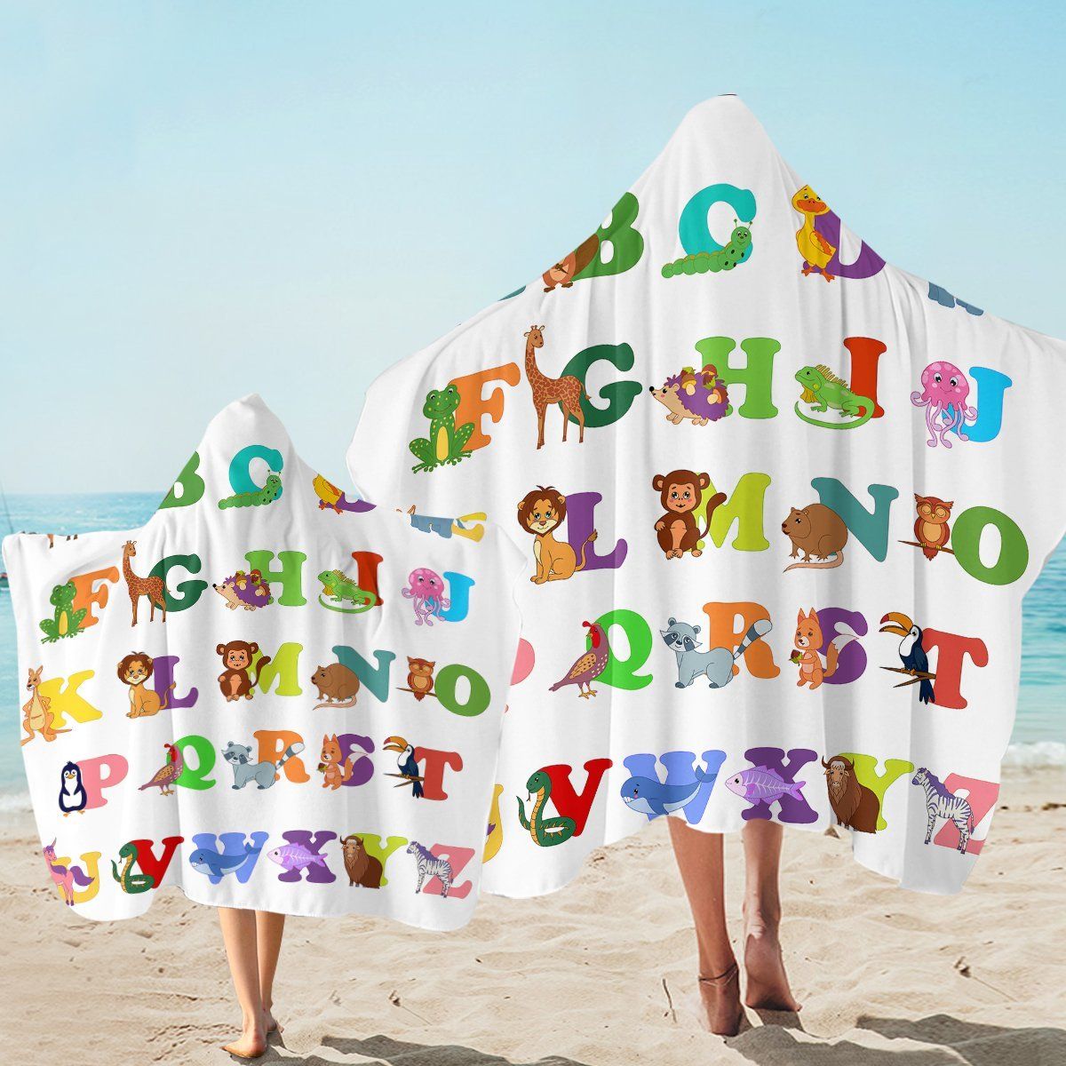 Cute Animal Alphabet On White Printed Hooded Towel