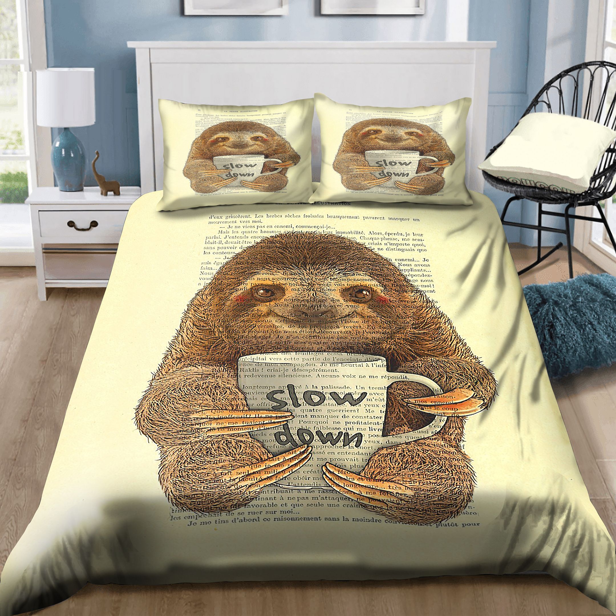 Cute Baby Sloth With Coffee Mug Slow Down Quote Bedding Set
