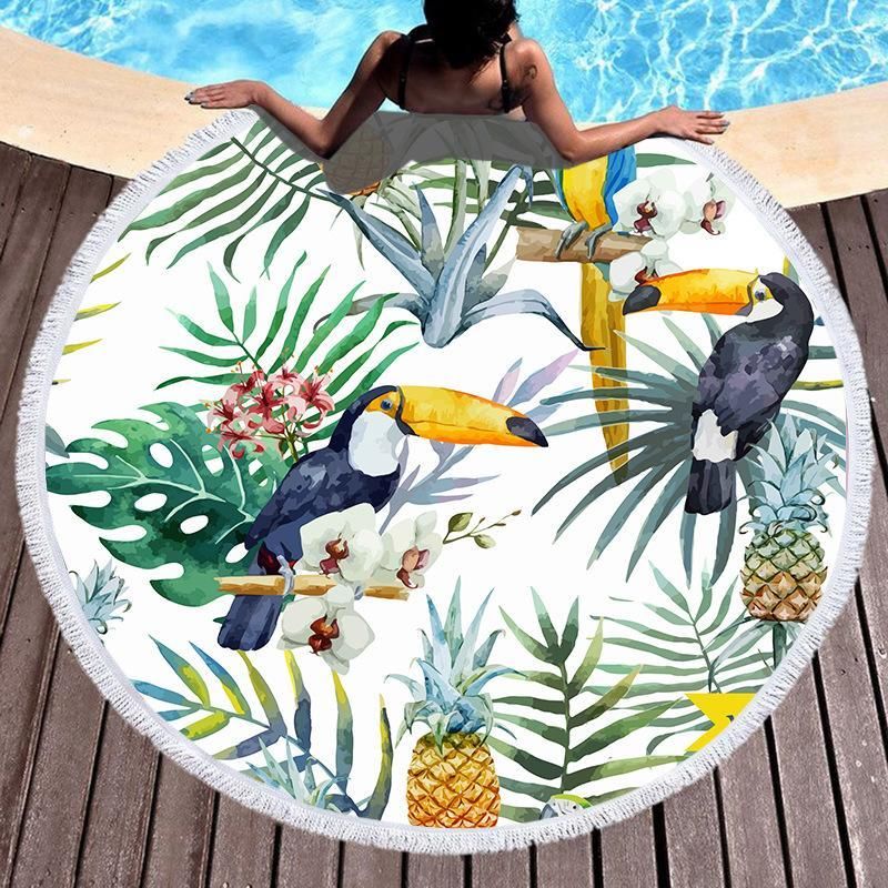 Cute Bird Pineapple Printed Round Beach Towel