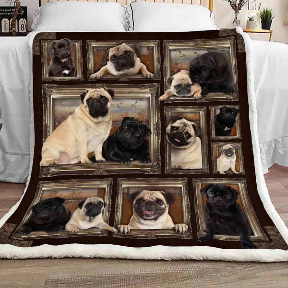 Cute Black And White Pug Dog Sherpa Fleece Blanket