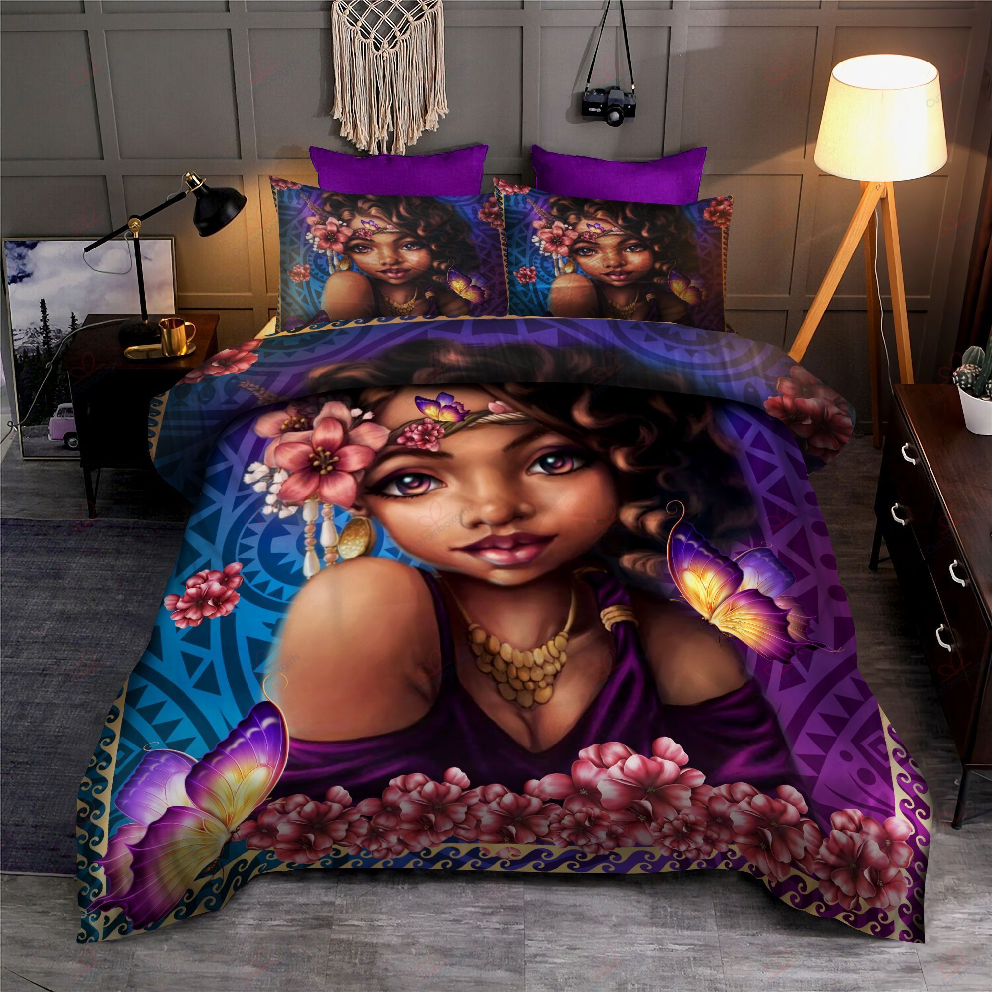 Cute Black Girl Butterfly Bedding Set