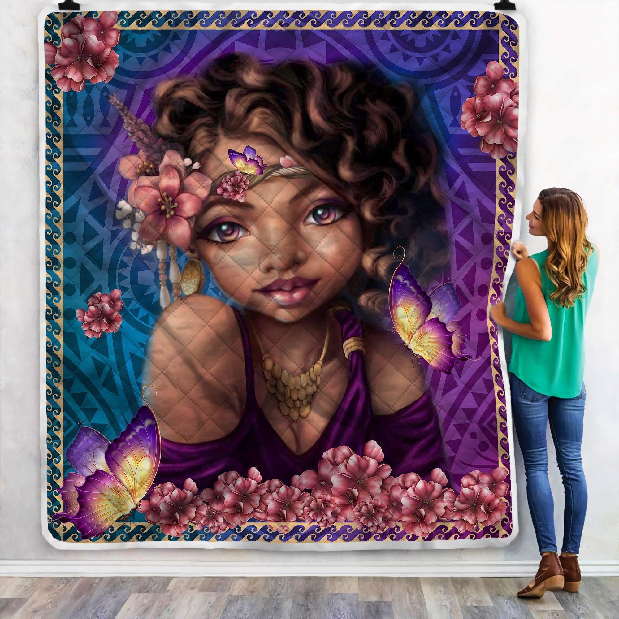 Cute Black Girl Butterfly Sherpa Fleece Blanket