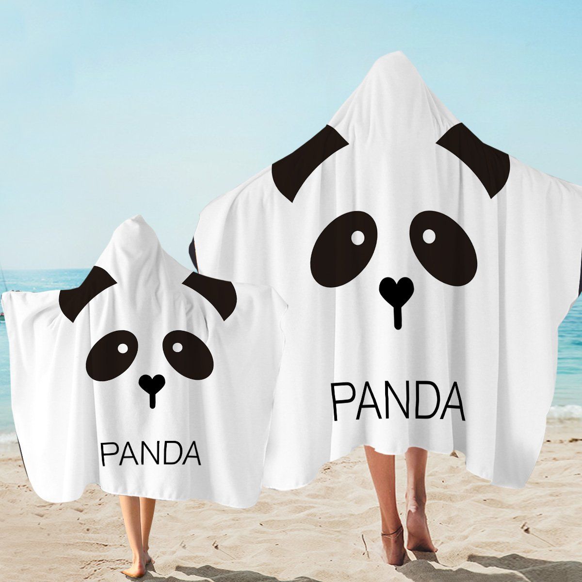 Cute Black Panda Face On White Printed Hooded Towel