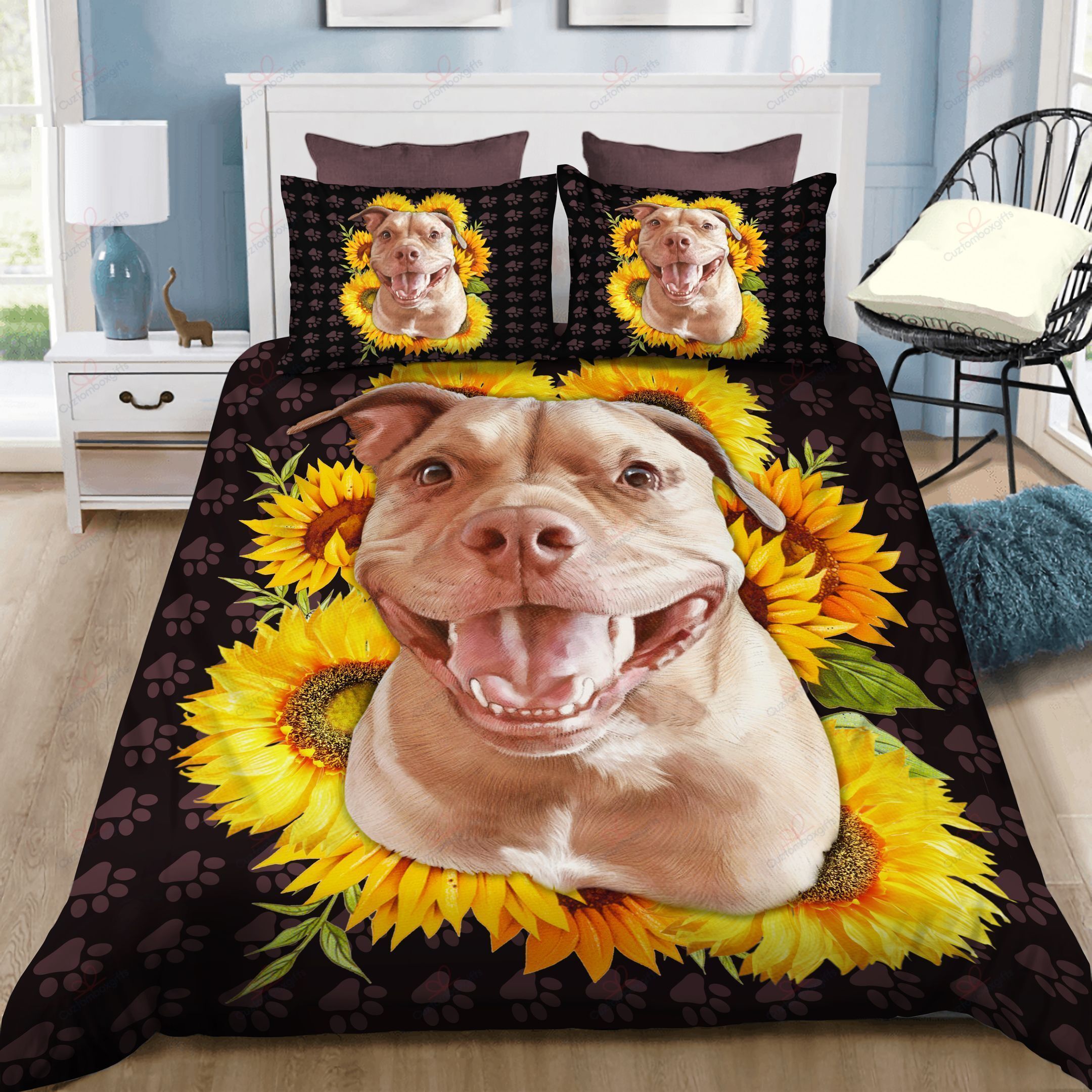 Cute Bulldog Sunflower Printed Bedding Set