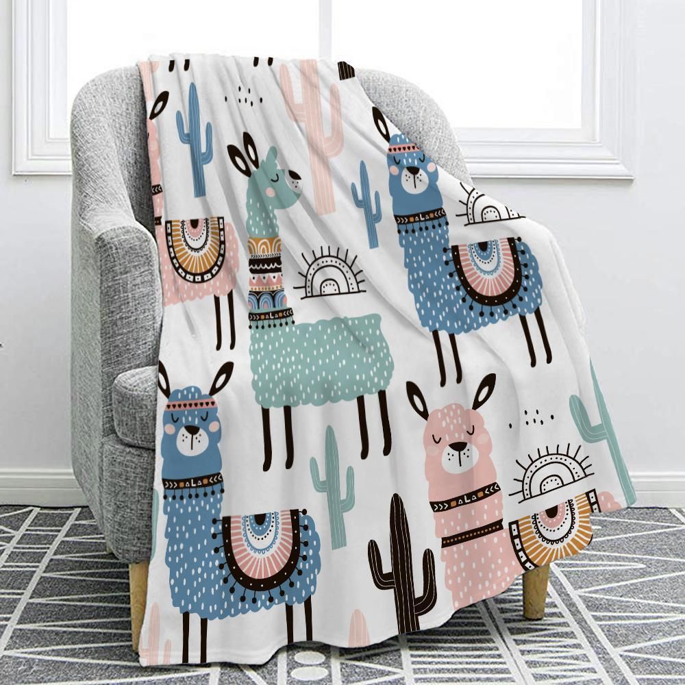 Cute Cartoon Alpaca Llama Printed Fleece Blanket