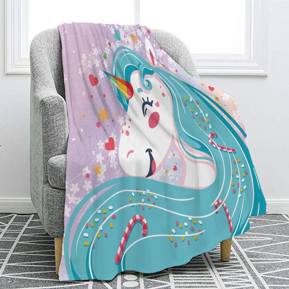Cute Cartoon Unicorn Face Printed Fleece Blanket