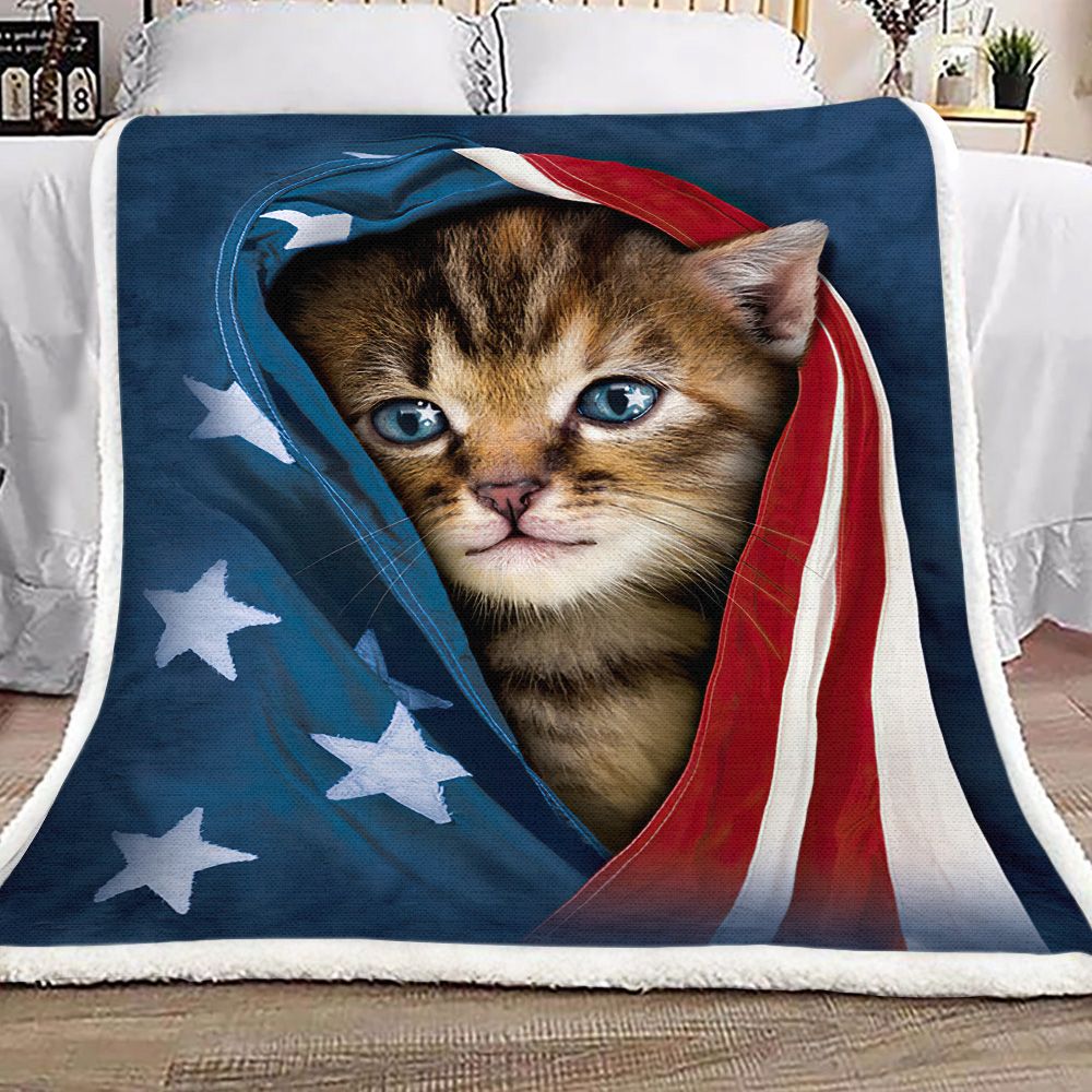 Cute Cat American Flag Fleece Blanket
