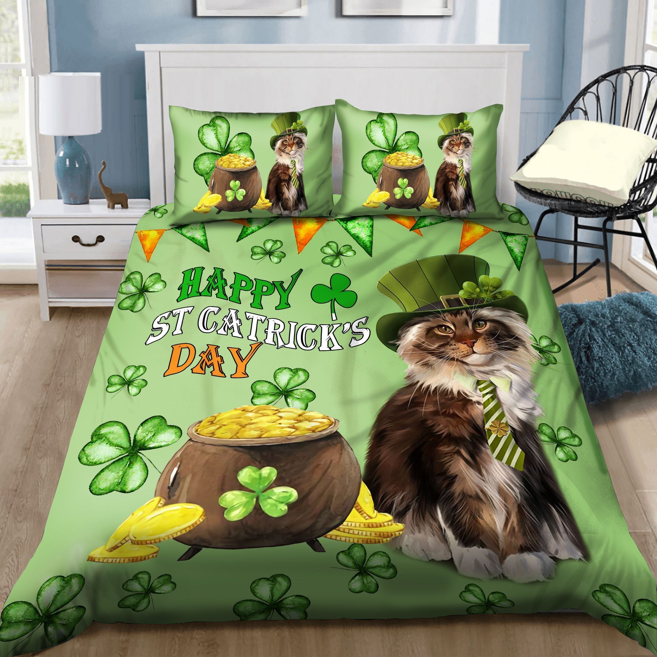 Cute Cat Leprechaun With Pot Of Gold St Patrick’s Day Bedding Set