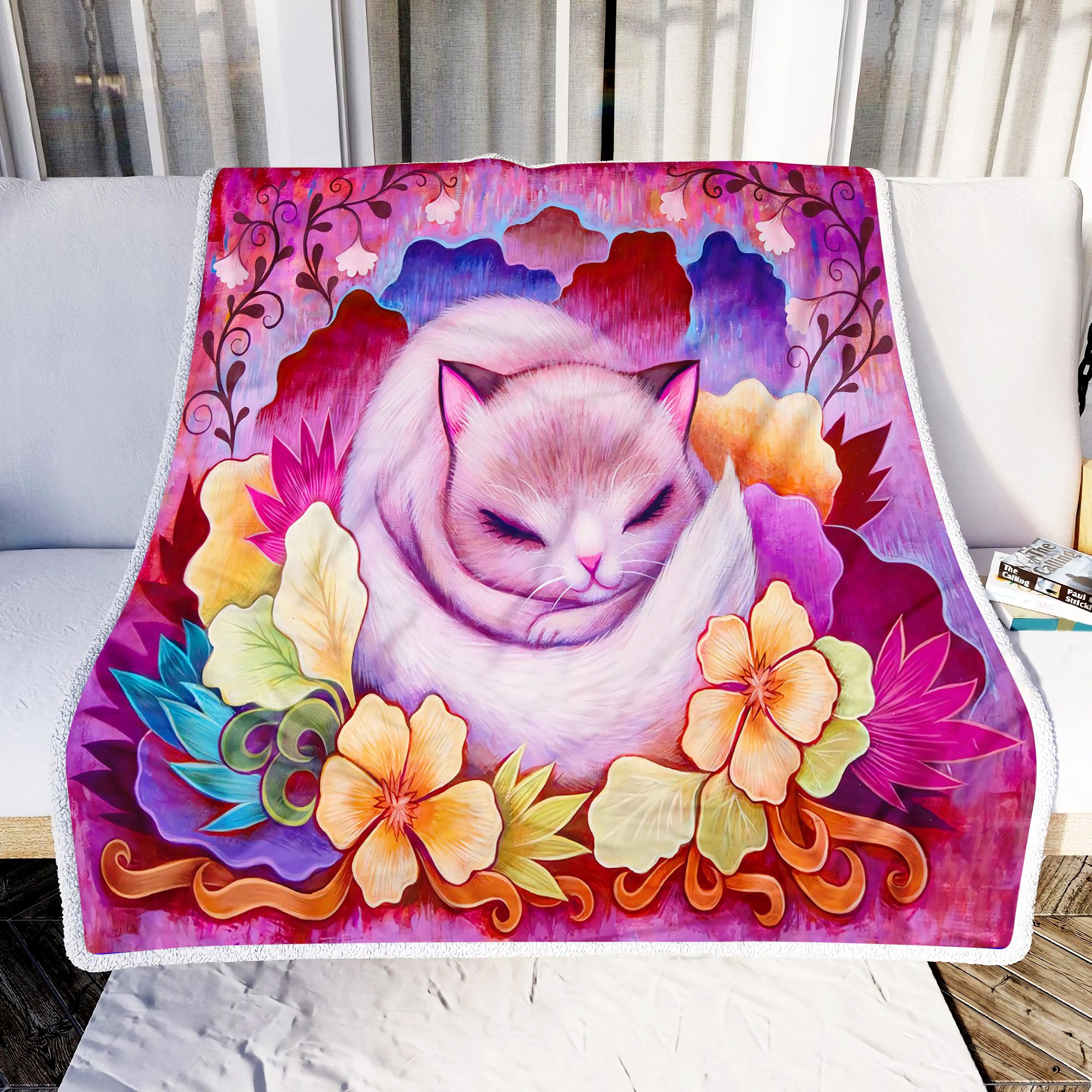 Cute Cat With Flowers Fleece Blanket