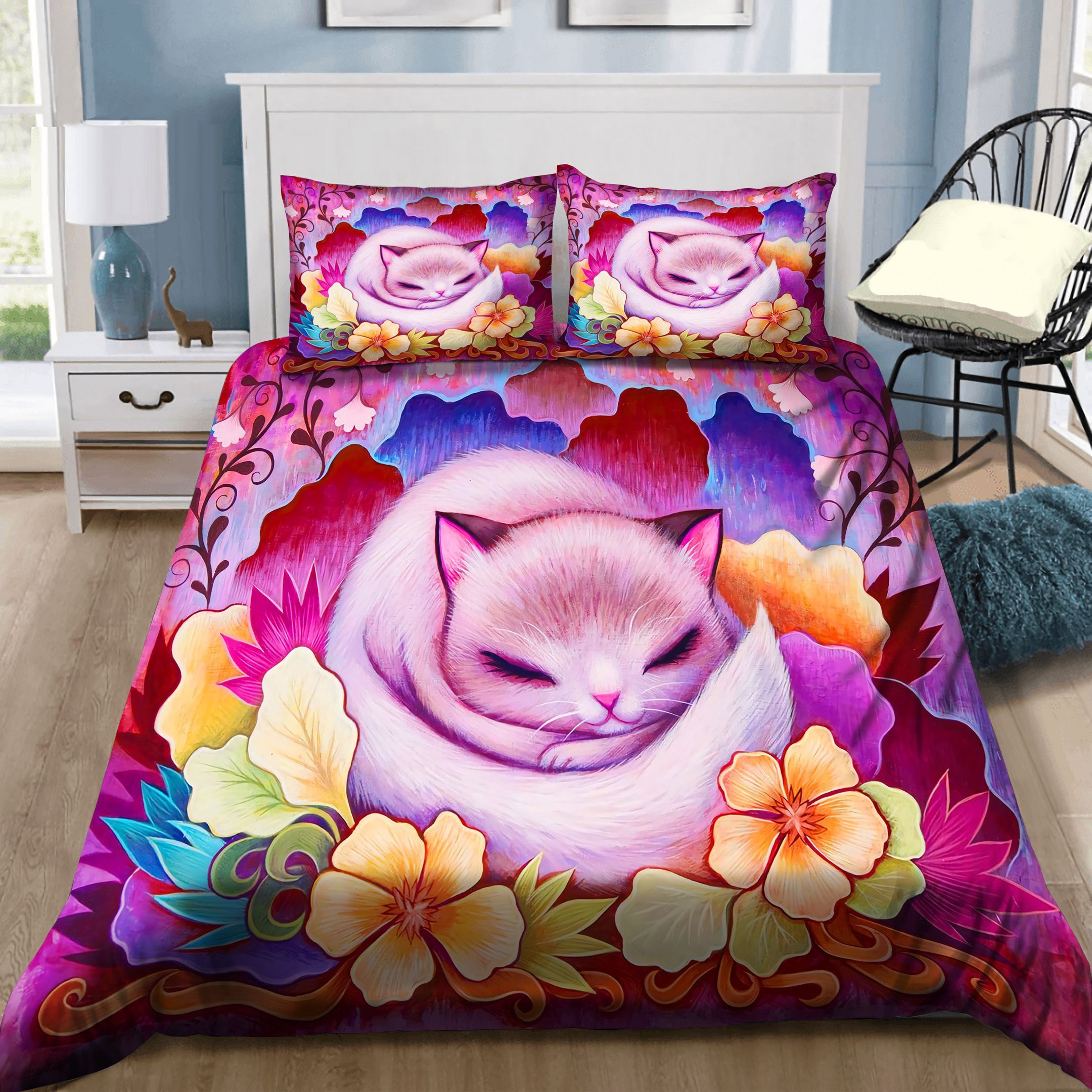 Cute Cat With Flowers Bedding Set