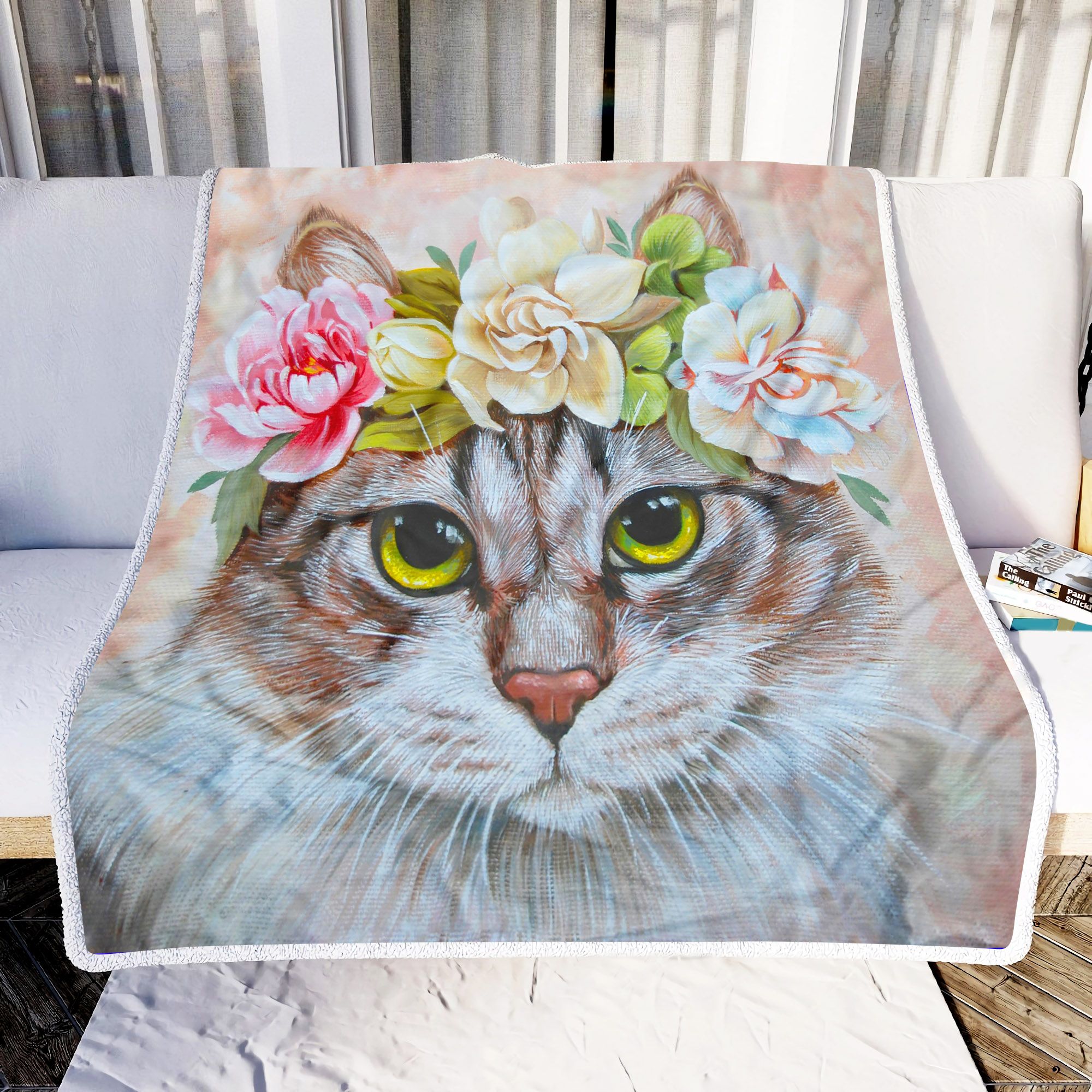 Cute Cat With Flowers Fleece Blanket