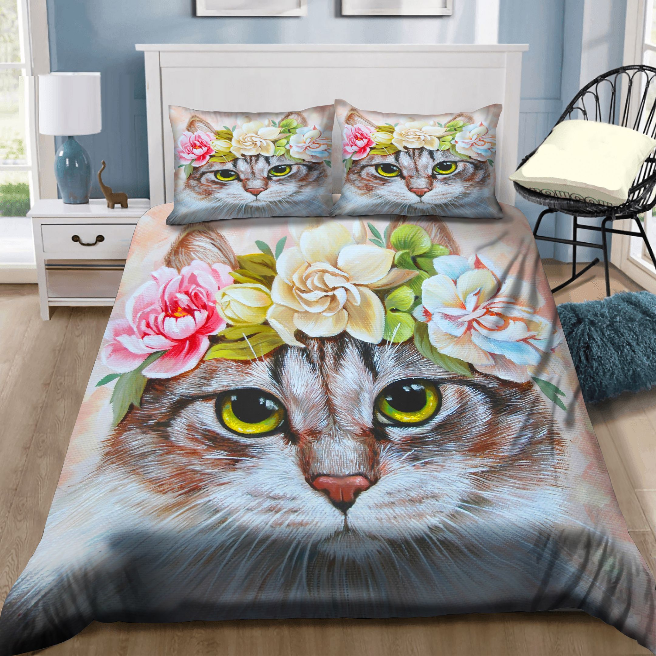 Cute Cat With Flowers Bedding Set
