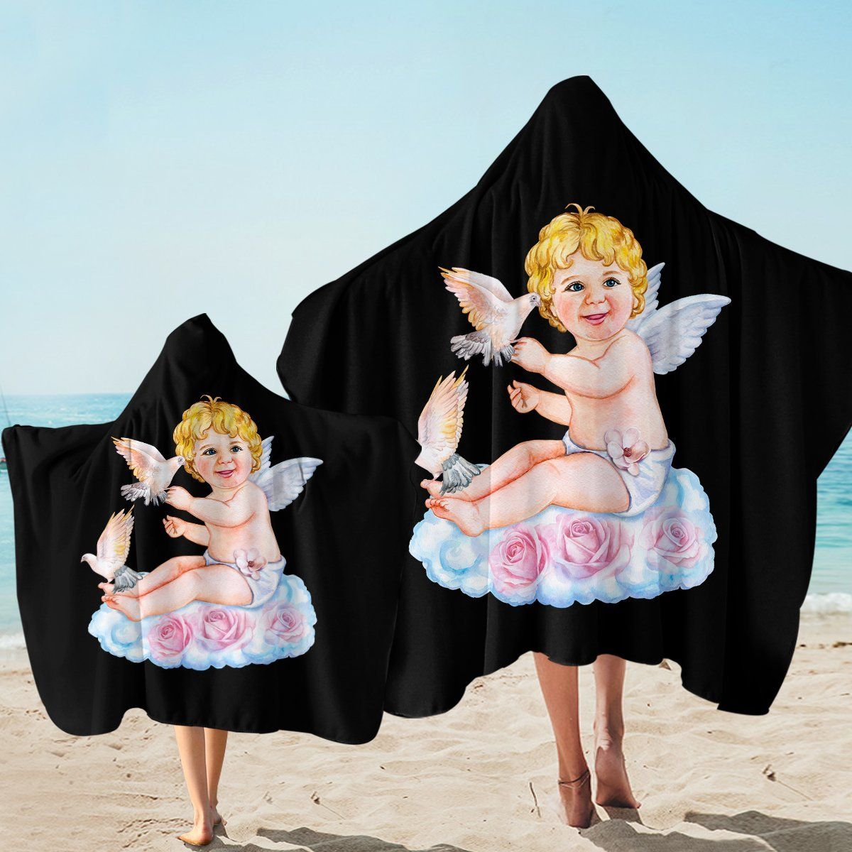 Cute Cherub Black Printed Hooded Towel