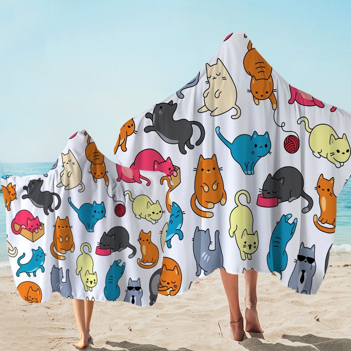 Cute Colored Cat Patterns Printed Hooded Towel