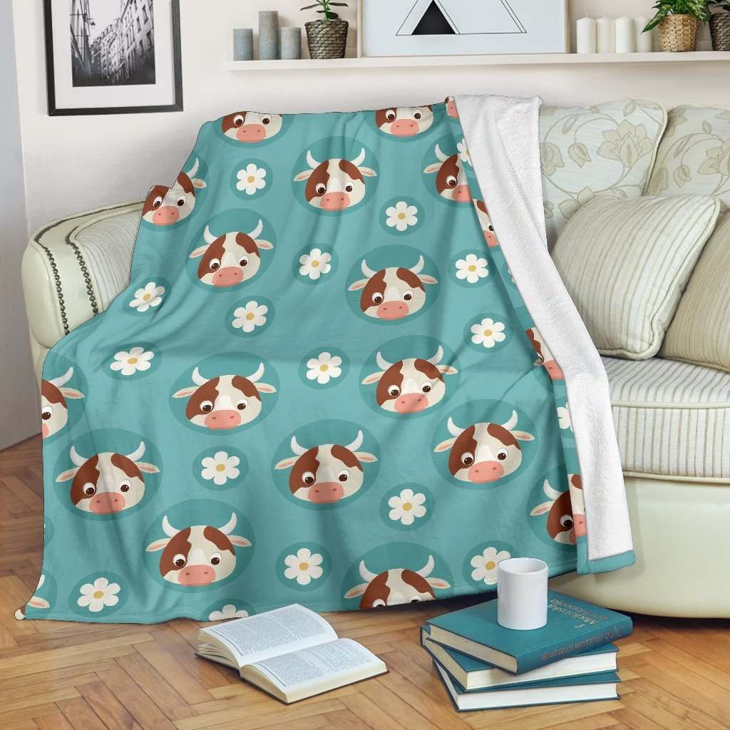 Cute Cow And Daisy Flower Sherpa Fleece Blanket