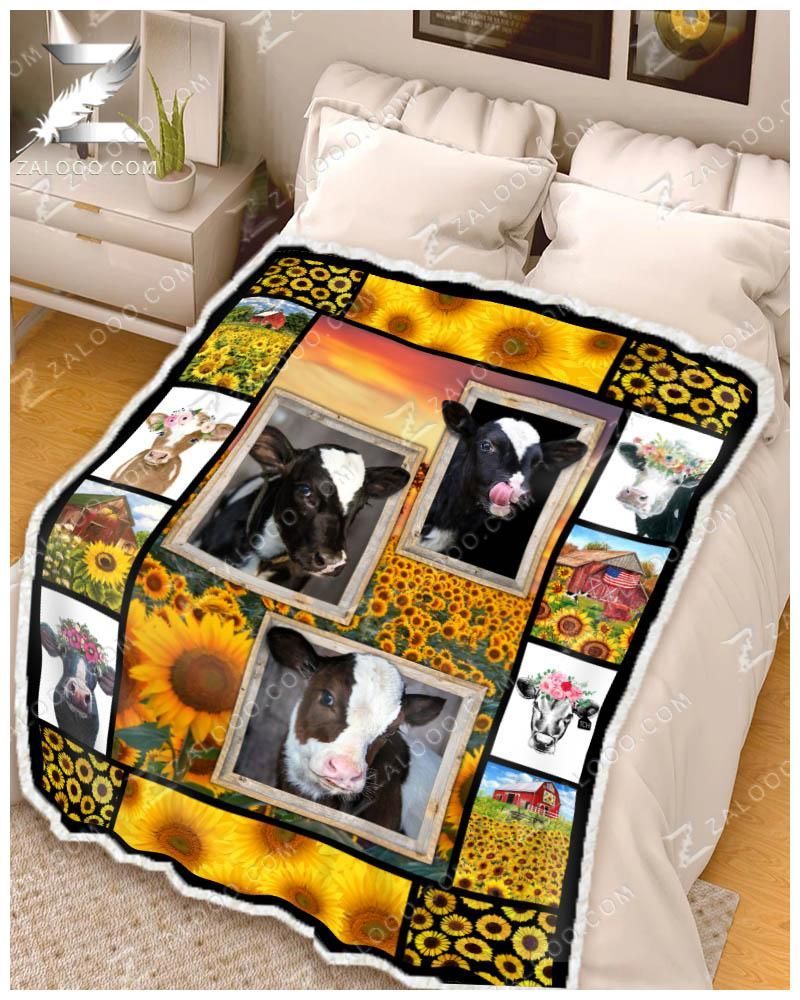 Cute Cows And Sunflowers Around Barn Sherpa Fleece Blanket