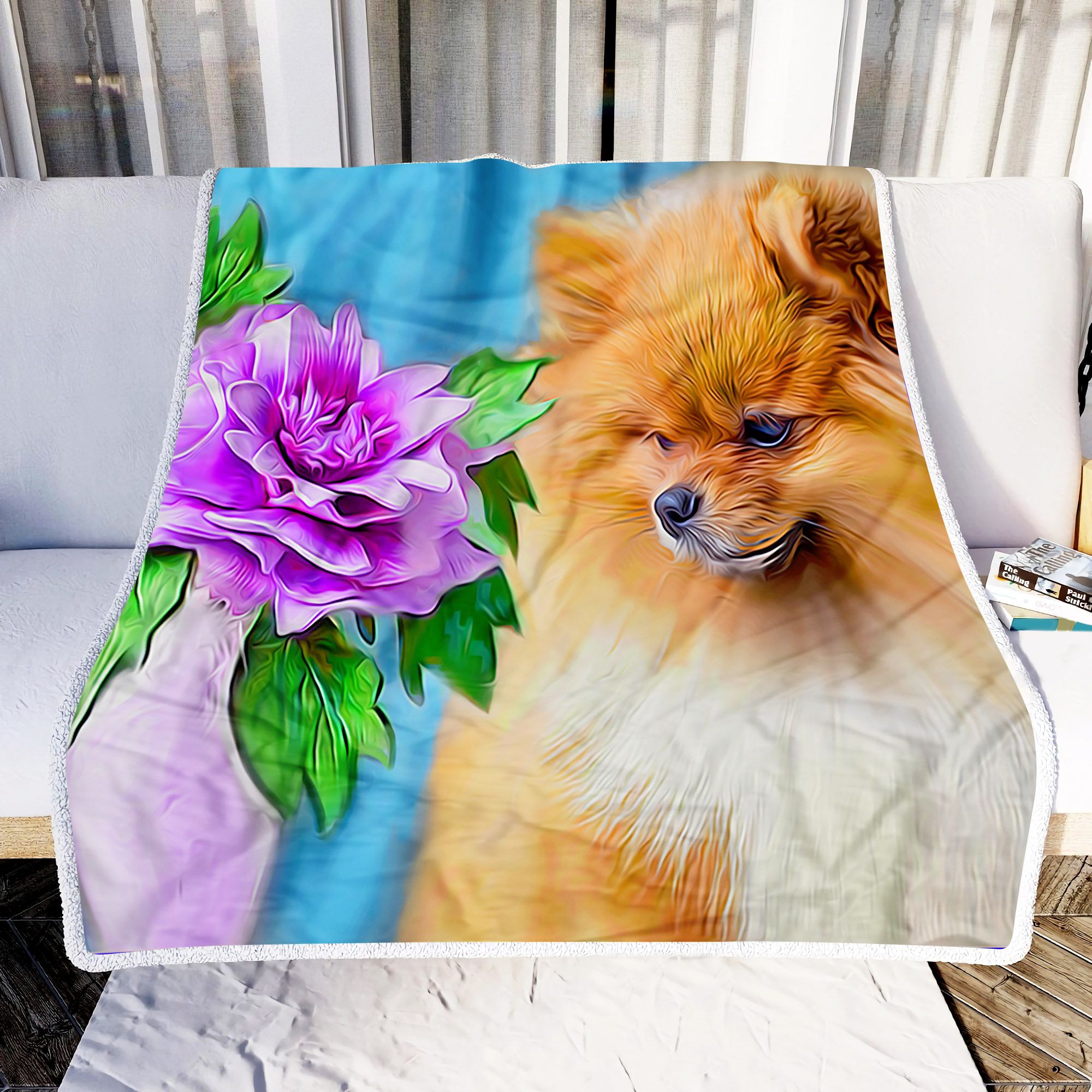 Cute Dog And Purple Flower Fleece Blanket