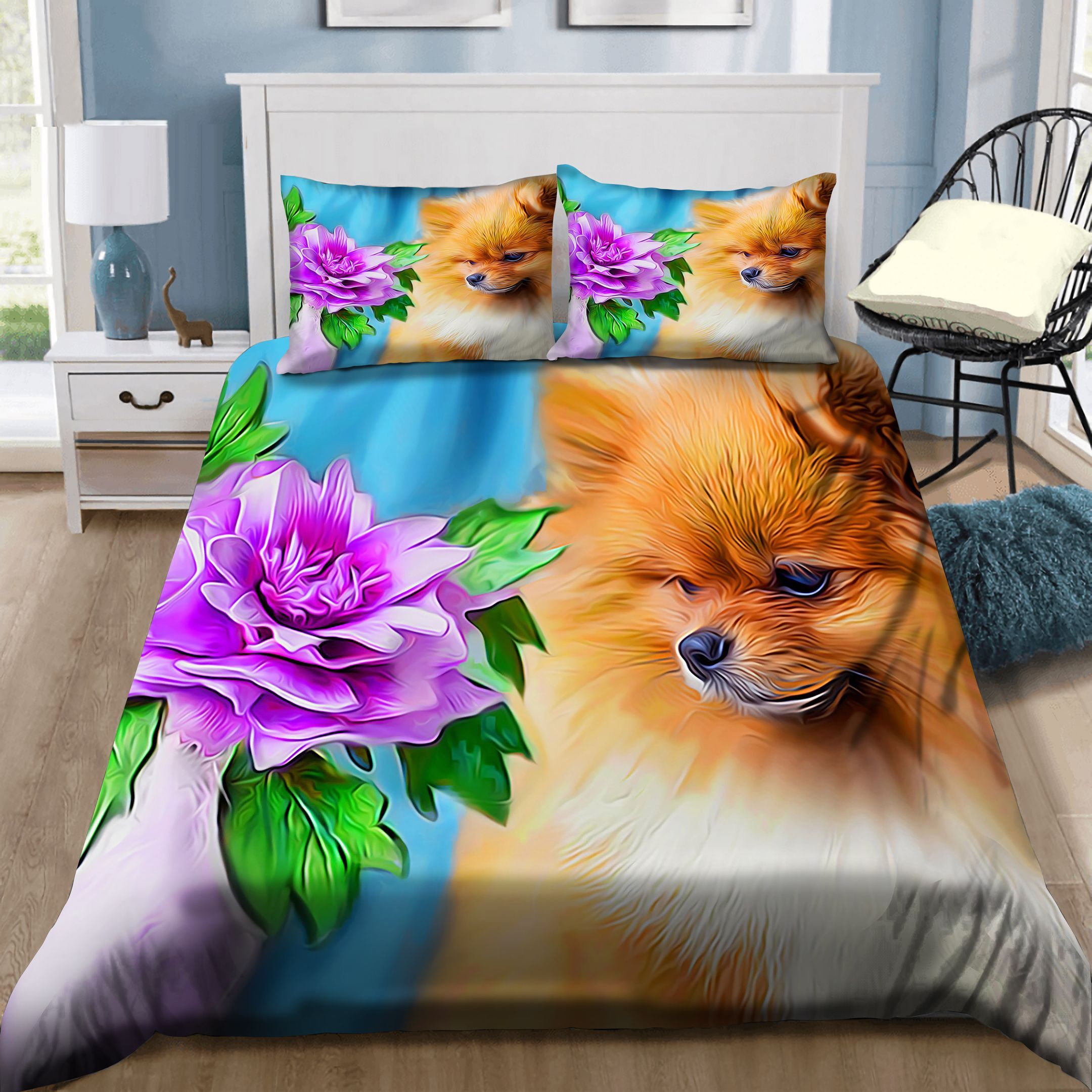 Cute Dog And Purple Flower Bedding Set